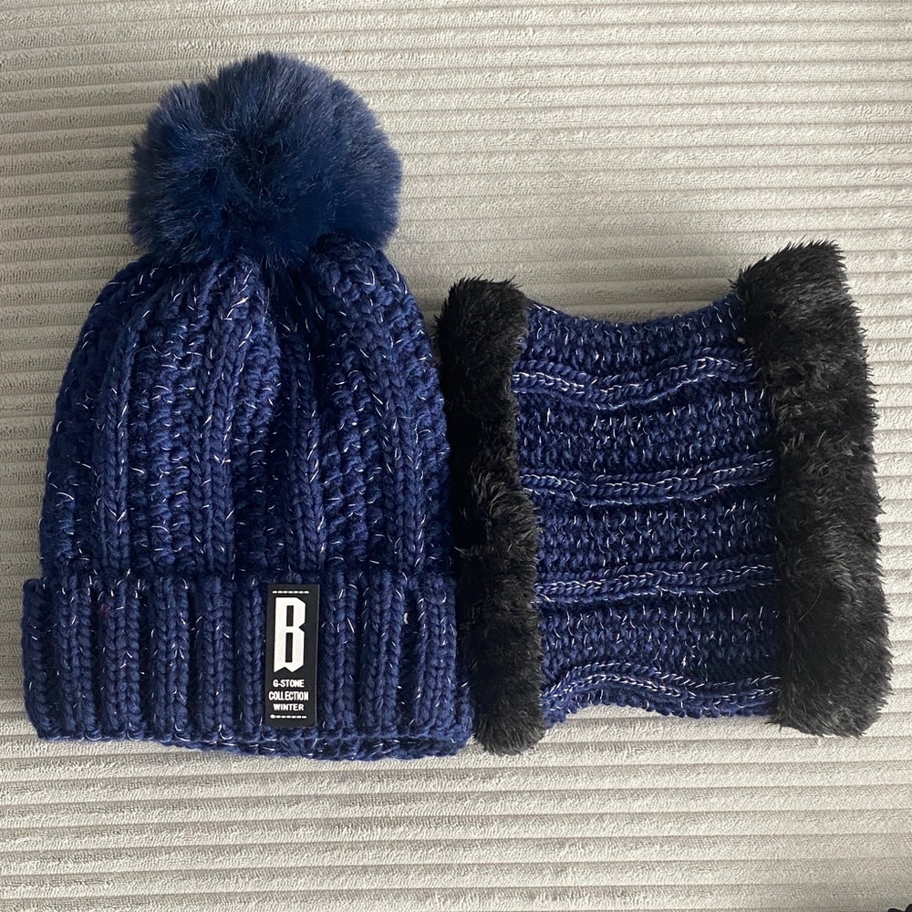Navy Blue Knit Beanie and Scarf Set
